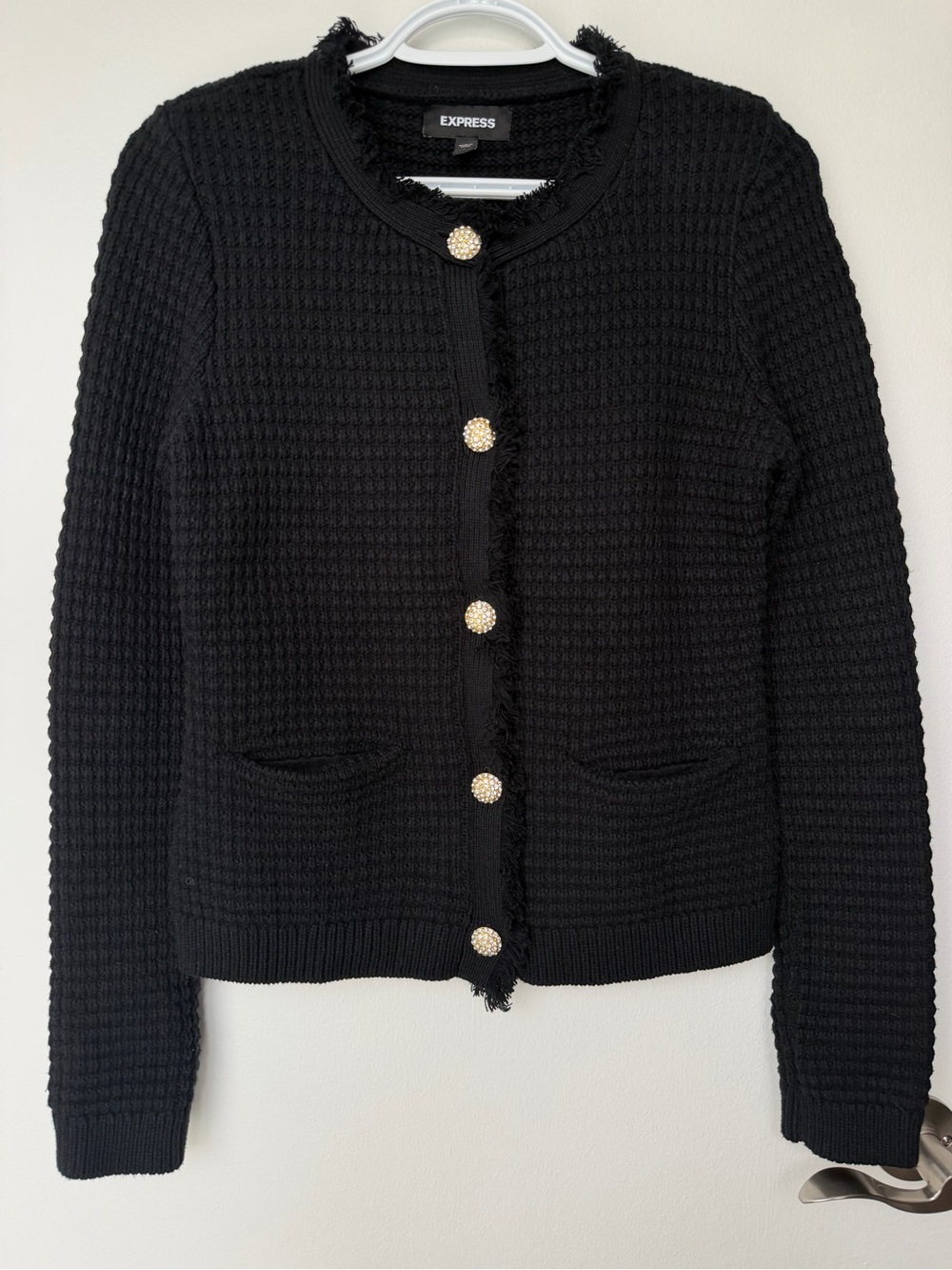 Express Black Waffle Knit Cardigan with Gold-Tone Buttons